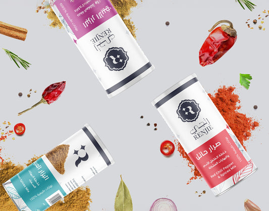 Renjie spice packaging showcasing cylindrical containers and zipper pouches.