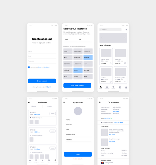 Wireframes and UX design for Mahally, focusing on simplicity and scalability.