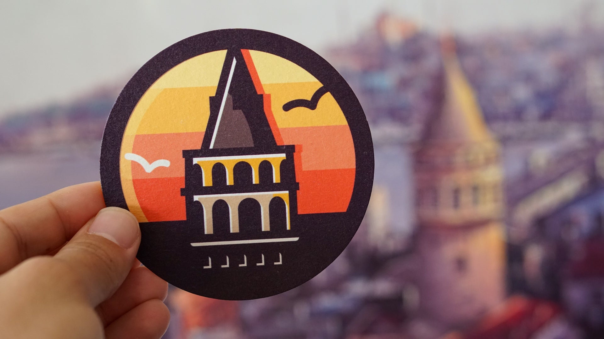 galata tower illustrated round shaped coaster